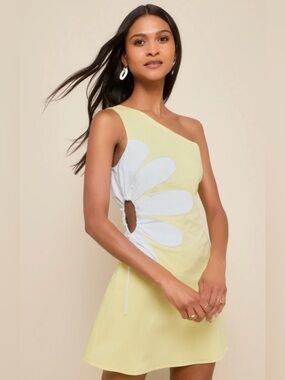 Lulus Cut Out Flower One Shoulder Dress Yellow White XL